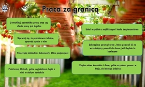 Plakat, informujący o zasadach bezpiecznego zachowania podczas podejmowania pracy za granicą. W tle plantacja truskawek, na pierwszym planie w zielonych ikonach umieszczone hasła dotyczące bezpieczeństwa. Górny lewy róg logo policji.