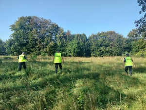 Na zdjęciu trzech policjantów w umundurowaniu służbowym przeczesuje teren za zaginionym mężczyzną.