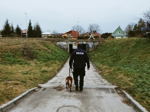 Policjant w umundurowaniu służbowym wraz z psem służbowym w trakcie sprawdzania miejsc w których mogą przebywać osoby bezdomne.