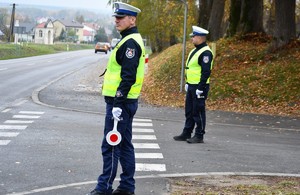 Dwóch policjantów ruchu drogowego w umundurowaniu służbowym stoi na drodze w tle drzewa domy i samochody.