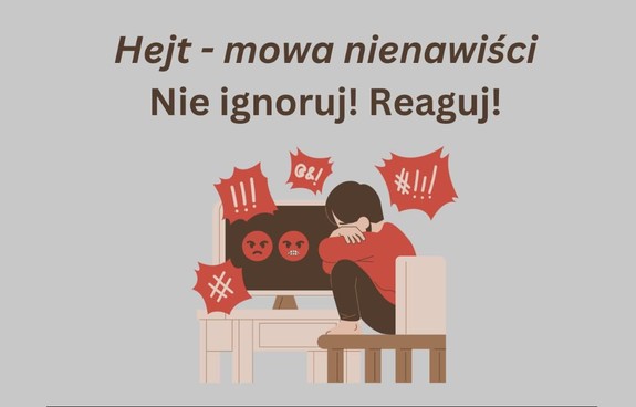 Ulotka „Hejt i mowa nienawiści – nie ignoruj, reaguj!”, obrazek chłopca, który ma schowaną głowę.