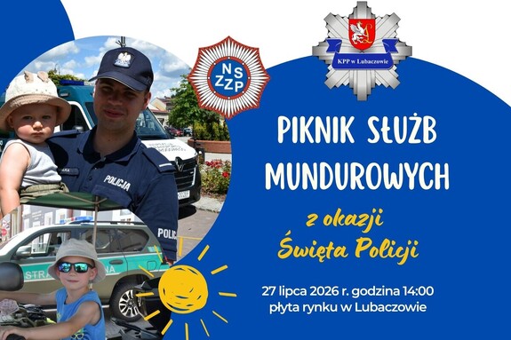 Plakat z dziećmi i policjantem z napisem "PIKNIK SŁUŻB MUNDUROWYCH z okazji Święta Policji".
